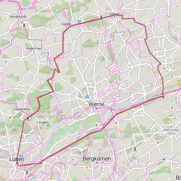 Map miniature of "Gravel Adventure to Castles and Haldes" cycling inspiration in Arnsberg, Germany. Generated by Tarmacs.app cycling route planner