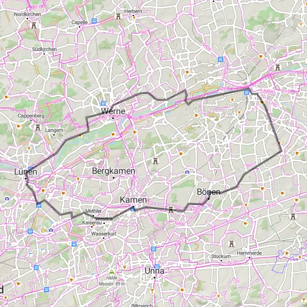 Map miniature of "Road Cycling Route: Lünen to Halde Preußen" cycling inspiration in Arnsberg, Germany. Generated by Tarmacs.app cycling route planner