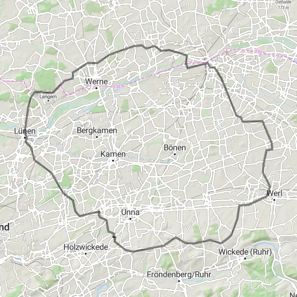 Map miniature of "Lünen to Ziethenstraße via Hamm and Werl" cycling inspiration in Arnsberg, Germany. Generated by Tarmacs.app cycling route planner