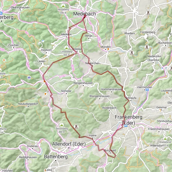 Map miniature of "Medebach to Dreislar Gravel Adventure" cycling inspiration in Arnsberg, Germany. Generated by Tarmacs.app cycling route planner