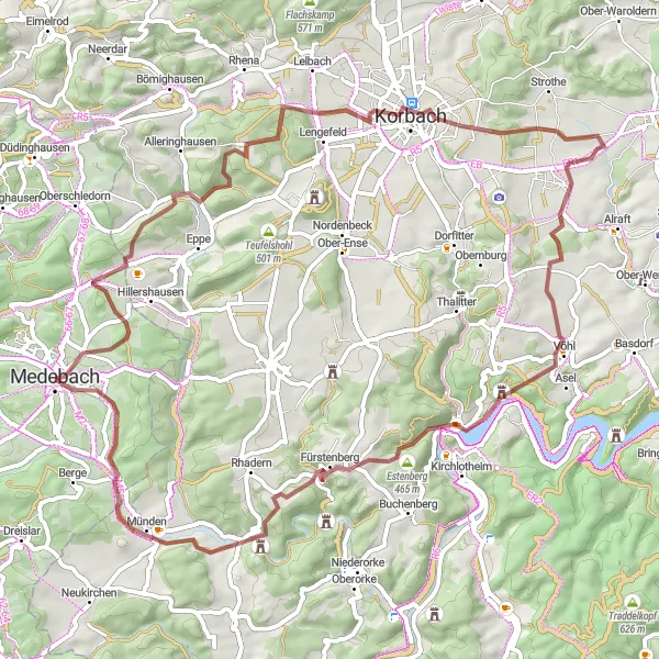 Karten-Miniaturansicht der Radinspiration "Gravel-Tour durch Arnsberg" in Arnsberg, Germany. Erstellt vom Tarmacs.app-Routenplaner für Radtouren