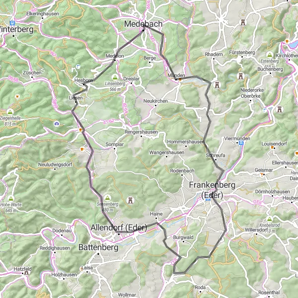 Karten-Miniaturansicht der Radinspiration "Road-Tour durch malerische Ortschaften und historische Schätze" in Arnsberg, Germany. Erstellt vom Tarmacs.app-Routenplaner für Radtouren