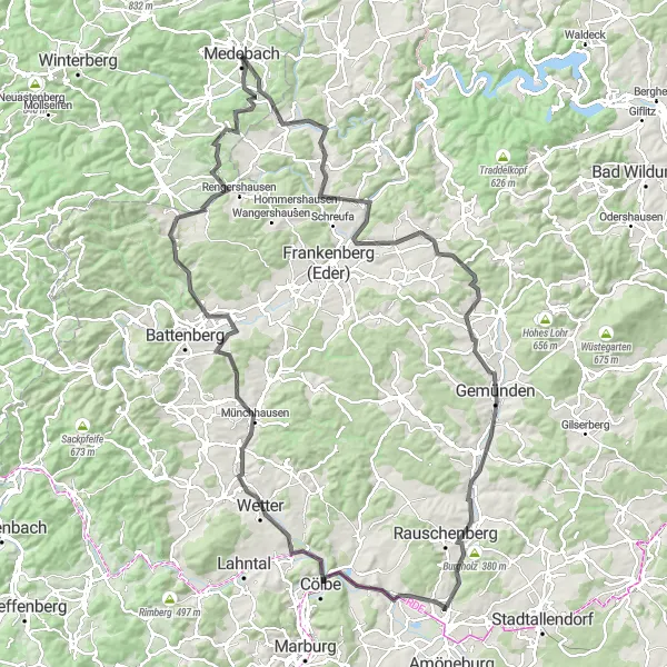 Map miniature of "Scenic Road Cycling: Medebach to Dreislar Loop" cycling inspiration in Arnsberg, Germany. Generated by Tarmacs.app cycling route planner