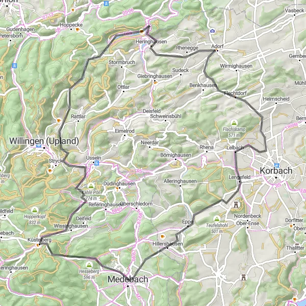 Karten-Miniaturansicht der Radinspiration "Abenteuerliche Roadstrecke durch Kudenkopf und Eisenberg" in Arnsberg, Germany. Erstellt vom Tarmacs.app-Routenplaner für Radtouren