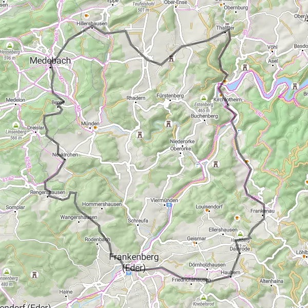Karten-Miniaturansicht der Radinspiration "Spannende Roadtour durch Frankenau und Berg" in Arnsberg, Germany. Erstellt vom Tarmacs.app-Routenplaner für Radtouren