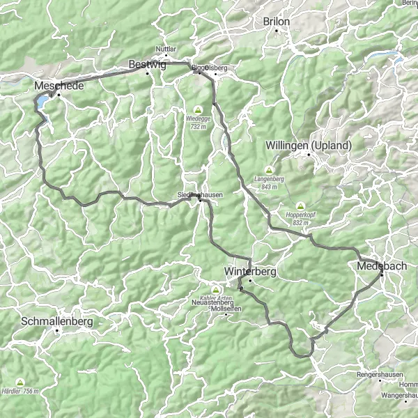 Karten-Miniaturansicht der Radinspiration "Panorama-Tour um Medebach" in Arnsberg, Germany. Erstellt vom Tarmacs.app-Routenplaner für Radtouren