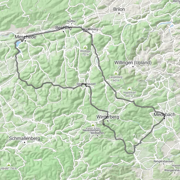 Map miniature of "Meschede and Ringwall" cycling inspiration in Arnsberg, Germany. Generated by Tarmacs.app cycling route planner