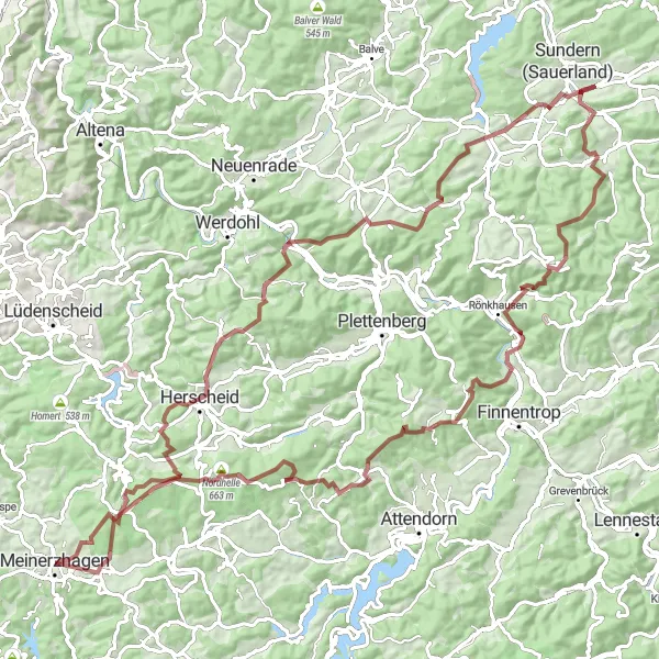 Map miniature of "Rothenstein and Wasserschloss Lenhausen Gravel Adventure" cycling inspiration in Arnsberg, Germany. Generated by Tarmacs.app cycling route planner