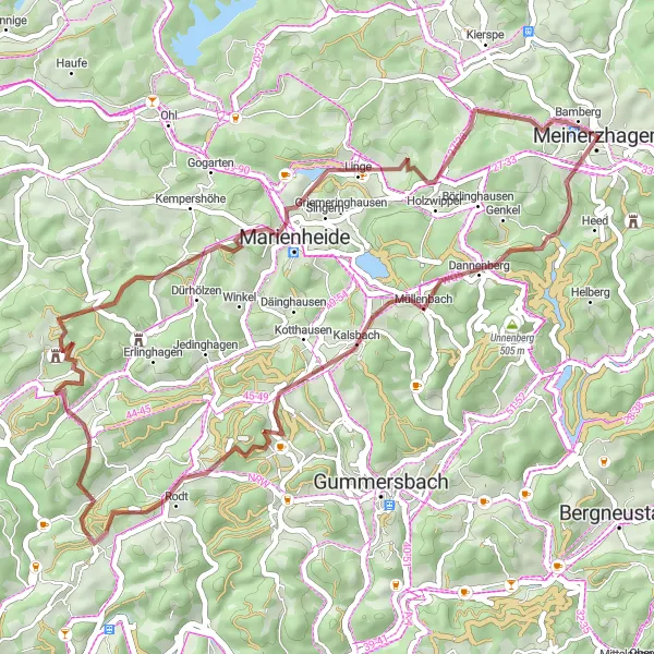 Map miniature of "Countryside Exploration: Meinerzhagen Loop" cycling inspiration in Arnsberg, Germany. Generated by Tarmacs.app cycling route planner