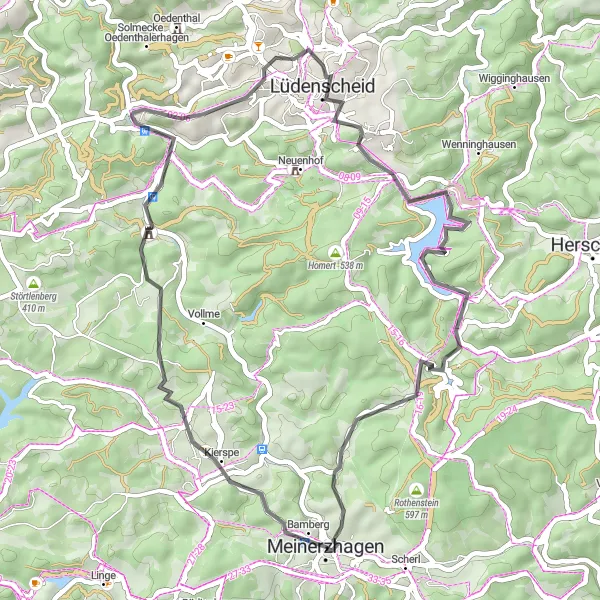 Map miniature of "Borg and Lüdenscheid Road Loop" cycling inspiration in Arnsberg, Germany. Generated by Tarmacs.app cycling route planner
