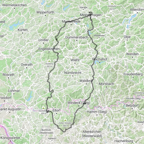 Map miniature of "Lümer and Foot of Kahlenberg Road Challenge" cycling inspiration in Arnsberg, Germany. Generated by Tarmacs.app cycling route planner