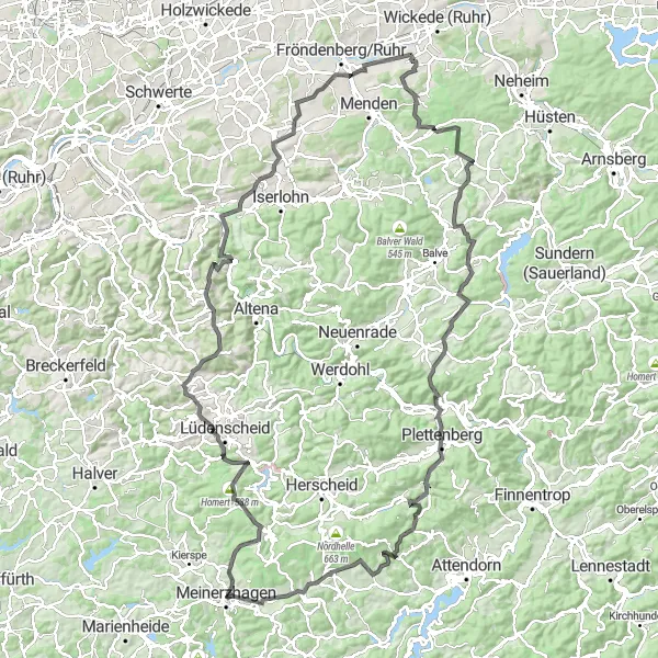 Map miniature of "Homert and Historic Fabrikanlage Maste-Barendorf Road Ride" cycling inspiration in Arnsberg, Germany. Generated by Tarmacs.app cycling route planner