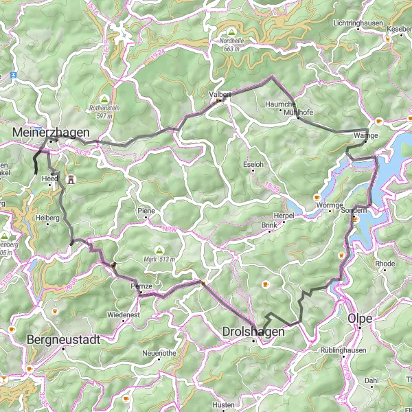 Map miniature of "Road Cycling Challenge: Arnsberg Loop" cycling inspiration in Arnsberg, Germany. Generated by Tarmacs.app cycling route planner