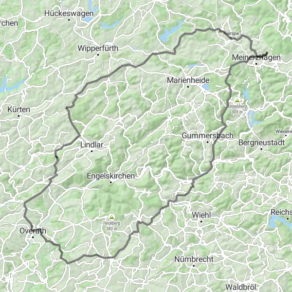 Map miniature of "The Ultimate Challenge: Meinerzhagen to Kierspe" cycling inspiration in Arnsberg, Germany. Generated by Tarmacs.app cycling route planner