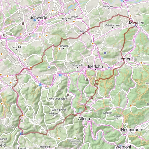 Map miniature of "The Green Hills Gravel Adventure" cycling inspiration in Arnsberg, Germany. Generated by Tarmacs.app cycling route planner
