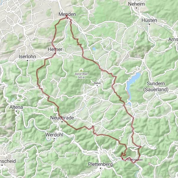 Map miniature of "Menden Gravel Challenge" cycling inspiration in Arnsberg, Germany. Generated by Tarmacs.app cycling route planner