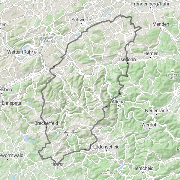 Map miniature of "Menden's Majestic Escarpment Road Cycling Challenge" cycling inspiration in Arnsberg, Germany. Generated by Tarmacs.app cycling route planner