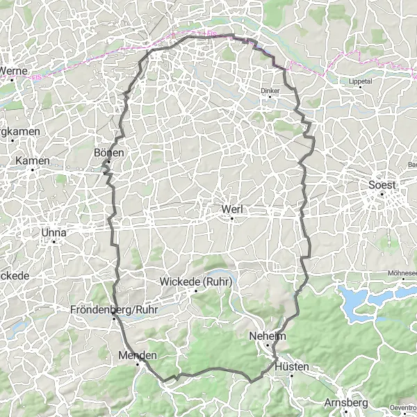 Map miniature of "Hamm Road Adventure" cycling inspiration in Arnsberg, Germany. Generated by Tarmacs.app cycling route planner