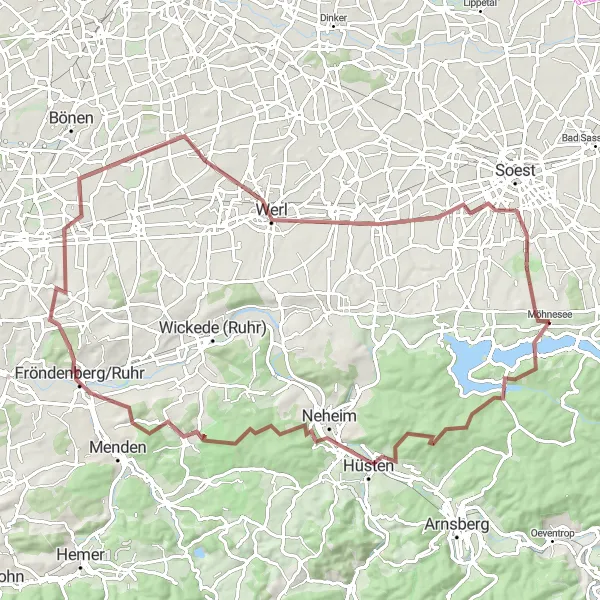 Map miniature of "Möhnesee Gravel Adventure" cycling inspiration in Arnsberg, Germany. Generated by Tarmacs.app cycling route planner