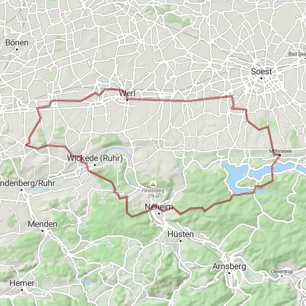 Map miniature of "Möhnesee Gravel Exploration" cycling inspiration in Arnsberg, Germany. Generated by Tarmacs.app cycling route planner