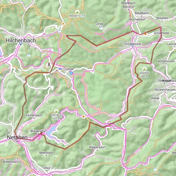 Map miniature of "Netphen Gravel Adventure Ride" cycling inspiration in Arnsberg, Germany. Generated by Tarmacs.app cycling route planner