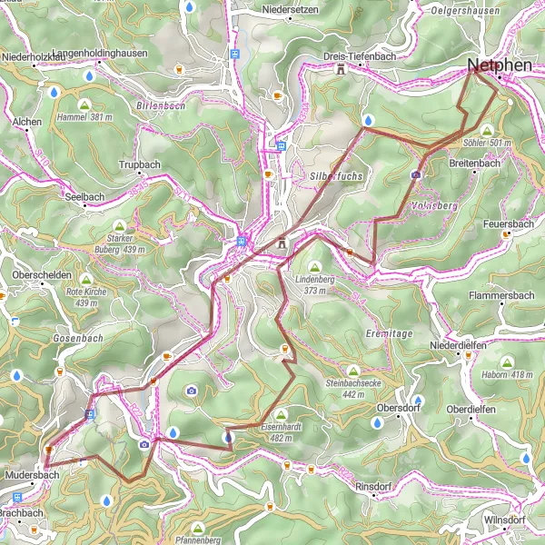 Map miniature of "Netphen - Siegen - Gilbergskopf - Eiserfeld - Eisernhardt - Rabenhainturm" cycling inspiration in Arnsberg, Germany. Generated by Tarmacs.app cycling route planner