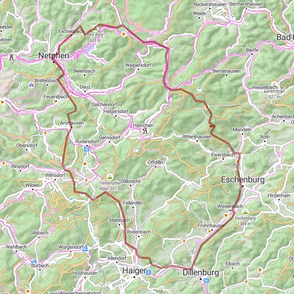 Map miniature of "Netphen - Afholderbach - Bocksberg - Stiegelburg - Steinbrücken - Heunstein - Sechshelden - Kalteiche - Anzhausen - Netphen - Wittig" cycling inspiration in Arnsberg, Germany. Generated by Tarmacs.app cycling route planner
