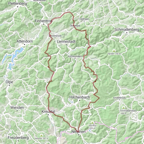 Map miniature of "The Wild Gravel Challenge" cycling inspiration in Arnsberg, Germany. Generated by Tarmacs.app cycling route planner