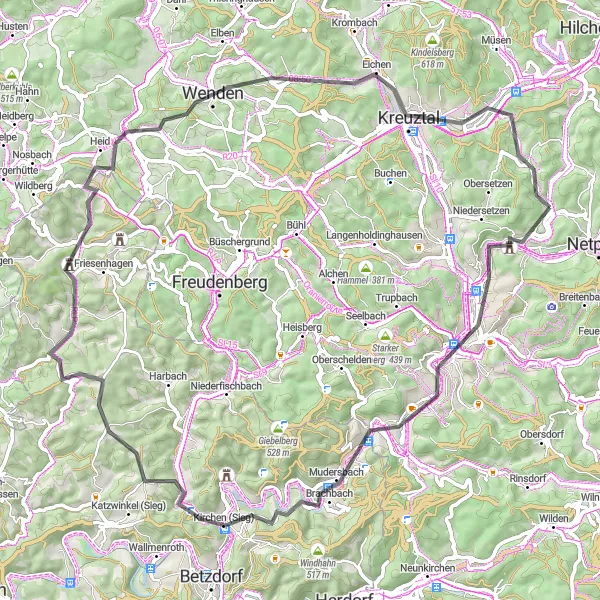 Map miniature of "Netphen - Siegen - Gilbergskopf - Ottoturm - Kirchen (Sieg) - Schloss Crottorf - Wenden - Harfel - Kilgeshahn - Kredenbach" cycling inspiration in Arnsberg, Germany. Generated by Tarmacs.app cycling route planner