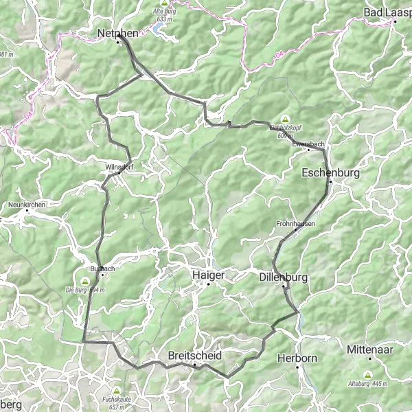 Map miniature of "Netphen and Surroundings Road Cycling Route" cycling inspiration in Arnsberg, Germany. Generated by Tarmacs.app cycling route planner