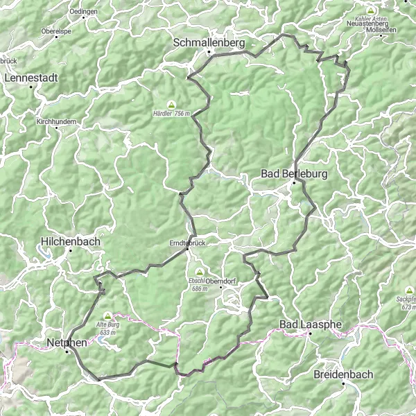 Map miniature of "Netphen - Wittig - Ginsburg - Erndtebrück - Bilsburg - Kloster Grafschaft - Hardt - Bad Berleburg - Gottelsberg - Lahnkopf - Nenkersdorf - Höhhain" cycling inspiration in Arnsberg, Germany. Generated by Tarmacs.app cycling route planner