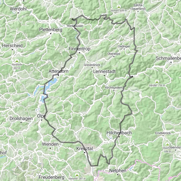 Map miniature of "Sauerland Road Adventure" cycling inspiration in Arnsberg, Germany. Generated by Tarmacs.app cycling route planner