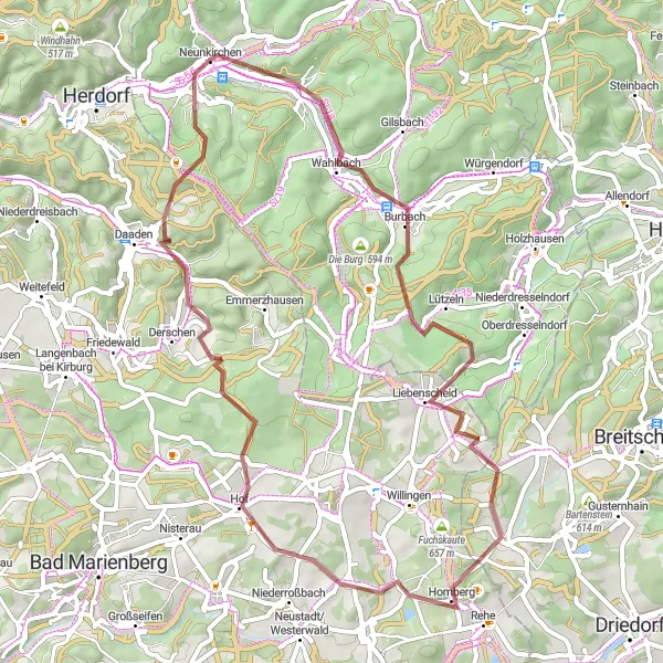 Karten-Miniaturansicht der Radinspiration "Gravel-Tour von Neunkirchen nach Leyenkopf - Burbach - Liebenscheid - Ketzerstein - Waigandshain - Löh - Mauden - Altenseelbach" in Arnsberg, Germany. Erstellt vom Tarmacs.app-Routenplaner für Radtouren
