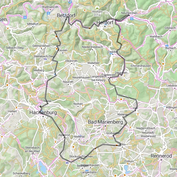 Map miniature of "Scenic Road Cycling Route through Herdorf and Mahlscheid" cycling inspiration in Arnsberg, Germany. Generated by Tarmacs.app cycling route planner
