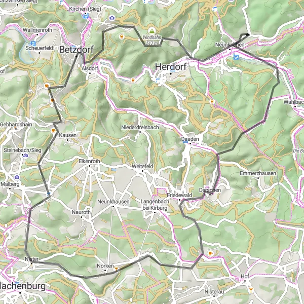 Karten-Miniaturansicht der Radinspiration "Road-Tour von Neunkirchen nach Leyenkopf - Derschen - Atzelgift - Druidenstein - Neunkirchen" in Arnsberg, Germany. Erstellt vom Tarmacs.app-Routenplaner für Radtouren