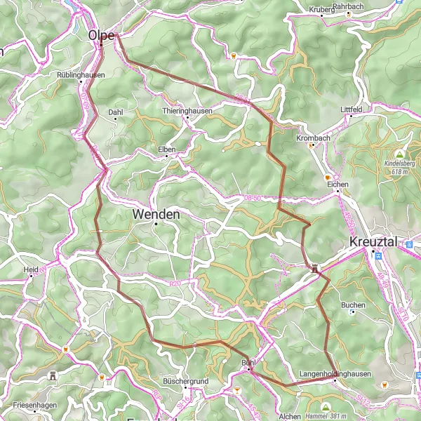 Map miniature of "Gravel Adventure near Olpe" cycling inspiration in Arnsberg, Germany. Generated by Tarmacs.app cycling route planner