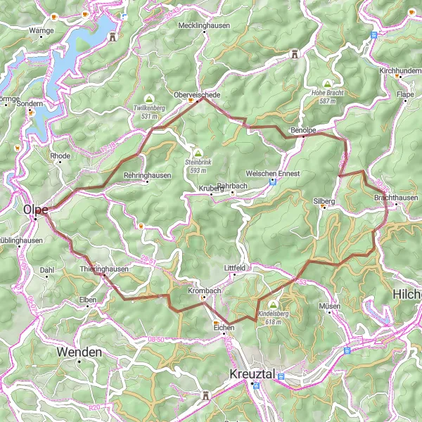 Map miniature of "Hidden Gems of Olpe" cycling inspiration in Arnsberg, Germany. Generated by Tarmacs.app cycling route planner