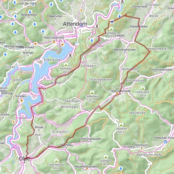 Map miniature of "Olpe - Biggesee Gravel Ride" cycling inspiration in Arnsberg, Germany. Generated by Tarmacs.app cycling route planner