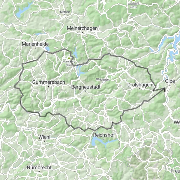 Map miniature of "The Hills of Hollenhardt" cycling inspiration in Arnsberg, Germany. Generated by Tarmacs.app cycling route planner