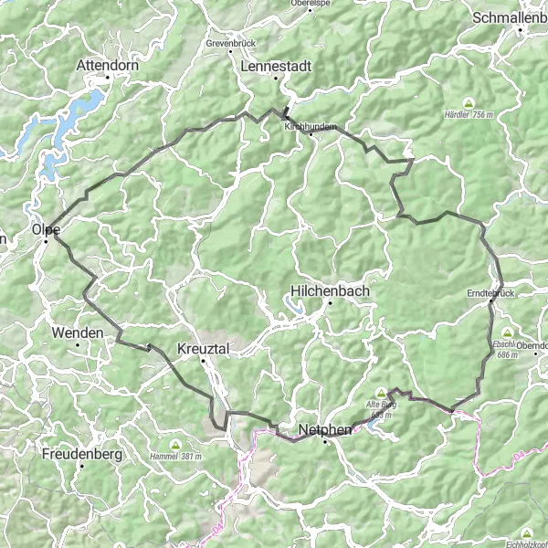 Map miniature of "The Ultimate Challenge" cycling inspiration in Arnsberg, Germany. Generated by Tarmacs.app cycling route planner