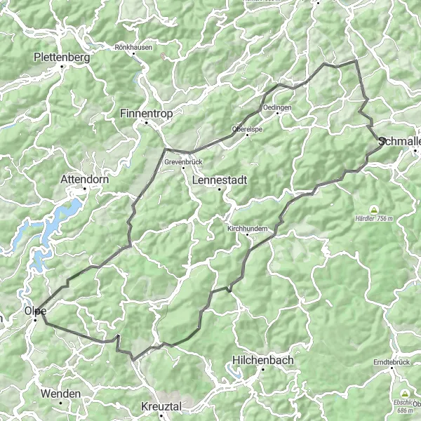 Map miniature of "The Hills of Olpe" cycling inspiration in Arnsberg, Germany. Generated by Tarmacs.app cycling route planner