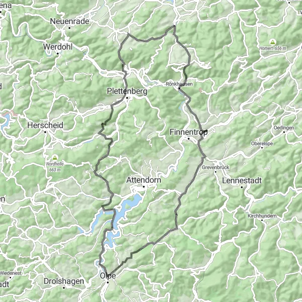 Map miniature of "Olpe - Sondern Loop" cycling inspiration in Arnsberg, Germany. Generated by Tarmacs.app cycling route planner