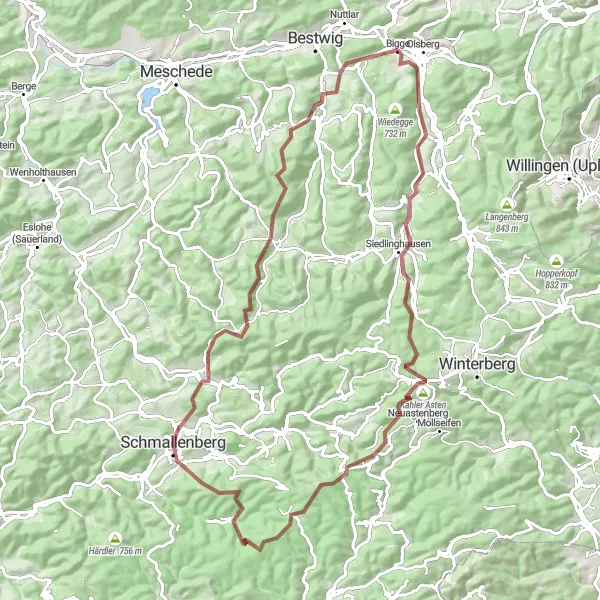 Map miniature of "The Olsberg Gravel Adventure" cycling inspiration in Arnsberg, Germany. Generated by Tarmacs.app cycling route planner