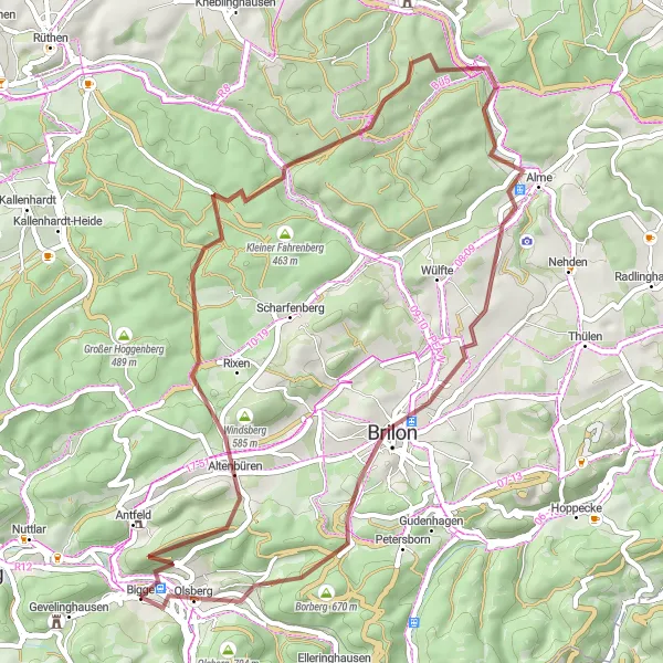 Map miniature of "Tour Around Olsberg" cycling inspiration in Arnsberg, Germany. Generated by Tarmacs.app cycling route planner