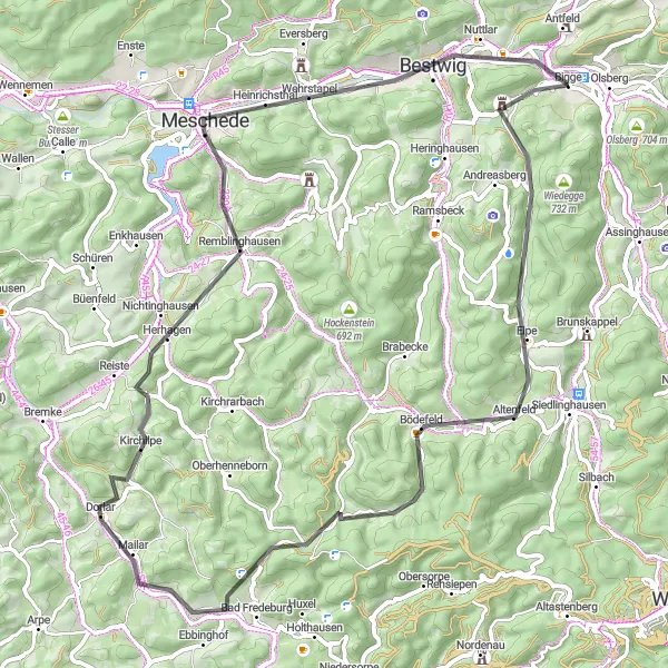 Map miniature of "Road Adventure near Olsberg" cycling inspiration in Arnsberg, Germany. Generated by Tarmacs.app cycling route planner