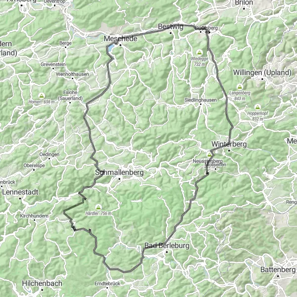 Map miniature of "Olsberg to Bad Berleburg Round-trip" cycling inspiration in Arnsberg, Germany. Generated by Tarmacs.app cycling route planner