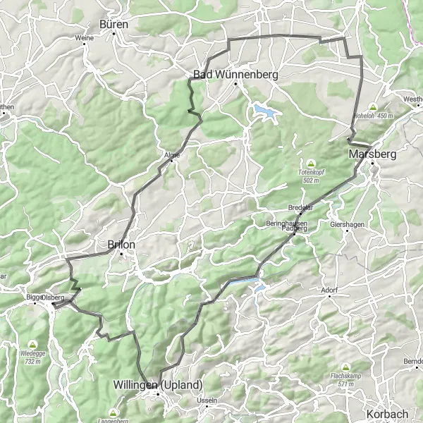 Karten-Miniaturansicht der Radinspiration "Radweg durch Brilon und Marsberg (101 km)" in Arnsberg, Germany. Erstellt vom Tarmacs.app-Routenplaner für Radtouren