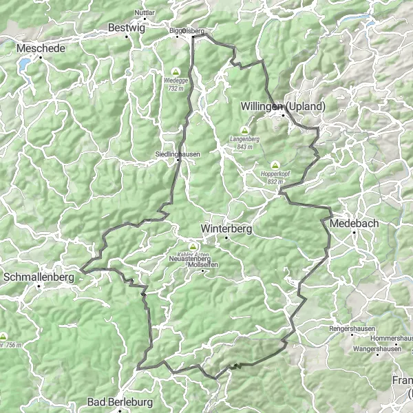 Map miniature of "Olsberg to Willingen Round-trip" cycling inspiration in Arnsberg, Germany. Generated by Tarmacs.app cycling route planner