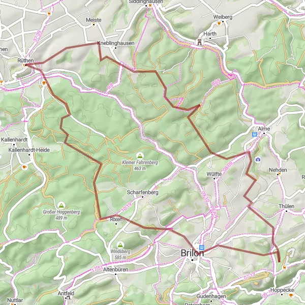 Karten-Miniaturansicht der Radinspiration "Rüthen - Gaus - Rixen - Schubstuhl Rundtour" in Arnsberg, Germany. Erstellt vom Tarmacs.app-Routenplaner für Radtouren
