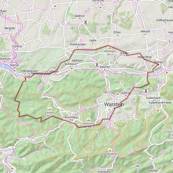 Map miniature of "Rüthen Gravel Expedition" cycling inspiration in Arnsberg, Germany. Generated by Tarmacs.app cycling route planner